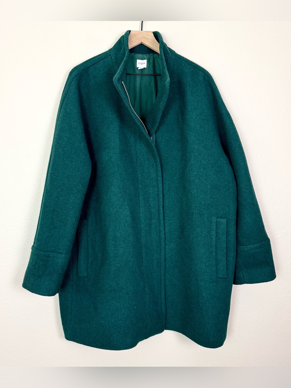 J. Crew Factory City Coat Dark Green Wool Blend Stand Collar Cocoon Coat Size 20